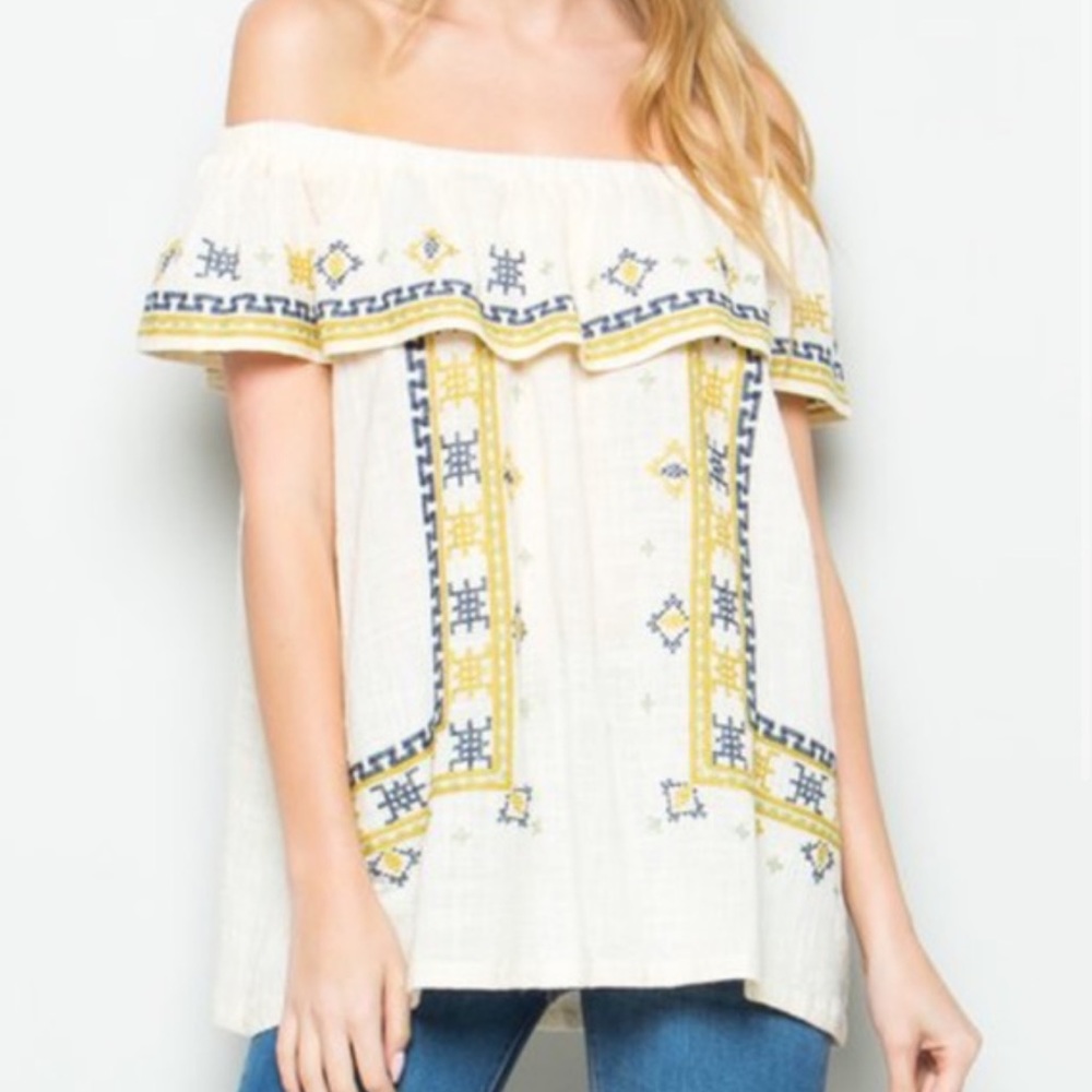 Easel Los Angeles Boho Embroidered Off Shoulder Blouse (Size Small)
